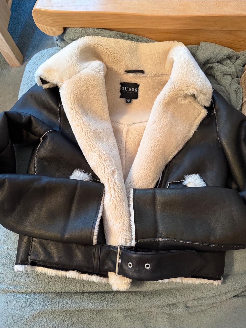GUESS Black Faux Leather Shearling Aviator Moto Jacket Size S